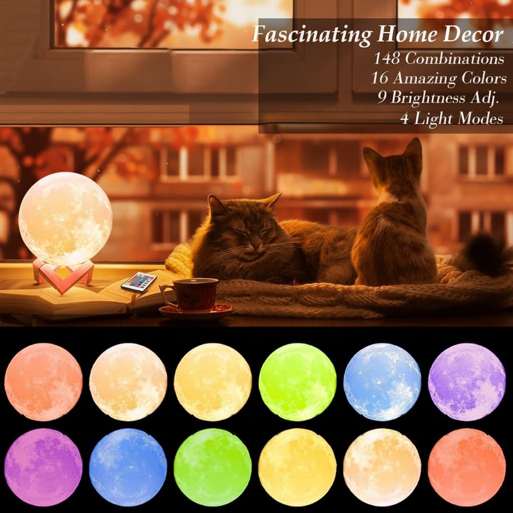 Mydethun Moon Lamp 16 Colors – 4.7' 3D Printed Lunar Light with 148 Modes, Wooden Stand, Remote  – Retirement Gift for Women – Bedroom, Living Room, Fall Décor, Christmas